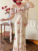 Elegant Off Shoulder Ruffle Vintage Lace Floral Print Slim Fit Long Maxi Dress