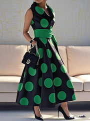 Elegant Polka-dot Tied Waist A-line Party Long Maxi Dresses