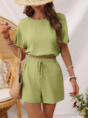 Knitted Ribbed Cargo Pocket Short Sleeve Birthday Clubwear Top Outfits Shorts