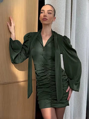 Elegant Bow Collar Long Sleeve High Waist Ruched Bodycon Mini Dresses