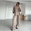 Casual One Button Shirts Solid Pants Full Sleeve V-neck Shirt High Waist Two Piece Set