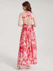 Flower Print Open Back Criss-cross Knotted Shirred Dress