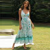 Elegant Print Sleeveless Lace Up V-neck Midi Dress