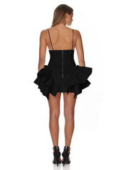 Deep V-neck Ruffles Spaghetti Strap Bandage Mini Dresses