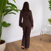 Elegant O-neck Full Sleeves Single Breasted With Belt Top High Waist Wide Leg Pants 2 Piece Set
