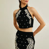 Elegant Halter Neck Patchwork Bead Top High Waist Slimming Skirt Two Piece Sets
