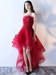 Strapless Applique A Line High Low Tulle Asymmetrical Prom Dresses