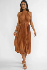 Sharaya Accordion Pleat Midi Dress Mocha