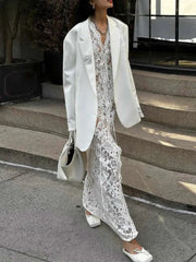 Embroidery Ruffles Deep V-Neck Slits See Through Tassel Petal Cuffs Dress