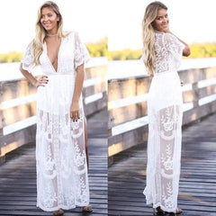 See Through Lace High Waist V-neck Maxi Long Dress