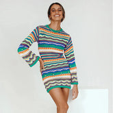 Stripe Knitted Long Sleeves Round Neck Mini Dress