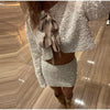 Elegant Hollow Out Lace Up Top A-line Mini Skirt Sequin Bow Shirt