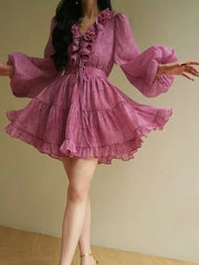 Solid Two Piece Set V Neck Long Sleeve Top High Waist Temperamment Skirt Elegant Sets