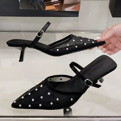 Luxury Mesh Rhinestone Sandals Pointed Toe Buckle Thin Heel