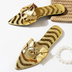 Pointed Toe Gold Silver Flat Sandals Faux Metal Embossed Design Slippers Light Non-Slip Slide Sandals Beach Shoes
