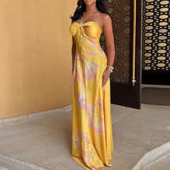 Bohemian Printed Halter Satin Hollow Off Shoulder Sleeveless Slim Party Long Dresses