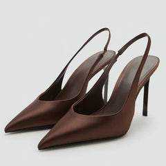 Brown Satin Slingback Pumps Pointed Toe Stiletto High Heel