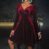 Elegant Velvet Solid V-neck Spliced Long-sleeved A-line Dress