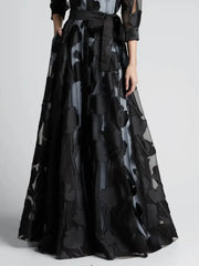 Elegant Three-Quarter Sleeve Knotted Waist Jacquard Mesh Maxi Dress