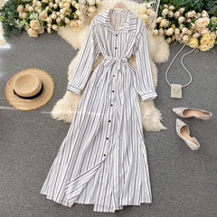 Striped Long Blouses Turn-down Collar Long Sleeve Button Office Split A-line Maxi Dress