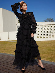 Elegant Jewel Neck Ruffles Illusion Long Sleeves High Collar Tulle Party Maxi Dresses
