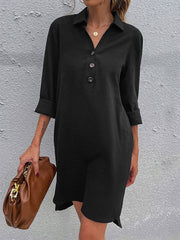 Buttons Polyester Long Sleeves Stretch V-Neck Midi Dress