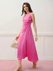 Bohemian Pleated Asymmetrical Sleeveless With Waist Midi Dress