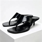 Black Soft Leather Flip-flops Square Toe Thin High Heel