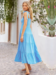 Solid Tie Up Strapless Square Collar Long Dress