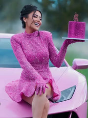 Luxury Sequins Backless Long Sleeves Gloves A-Line Mini Dress