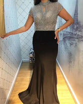 High Neck Short Sleeves Elastic Satin Long Formal Evening Prom Wedding Party Gowns