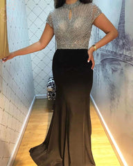 High Neck Short Sleeves Elastic Satin Long Formal Evening Prom Wedding Party Gowns