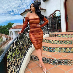 Off Shoulder Elegant Ruched Bodycon Midi Party Dresses