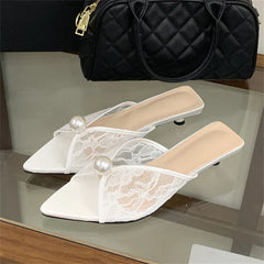 Design Pearl Breathable Mesh Pointed Toe Slippers Elegant Shallow Thin Low Heel