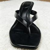 Square-toe Wedge Sandals Black Soft Leather PU Clip Toe Flip-flops Holiday Beach Slide Sandal Zapatos Mujer