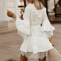 Elegant Lace Dress Flare Sleeve Solid mini dress