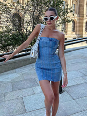 Causal Solid Strapless Sheath Party Street Style Jeans Tube Backless Bodycon Mini Dress