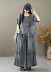 Classic Patchwork O Neck Vintage Tops Tees Loose Jeans Casual Pants Two Pieces Sets