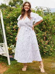 Plus Size Polka Dot Wrap Short Sleeve Maxi Dress