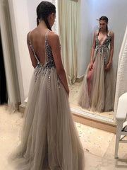 Evening A-Line Sweep Zipper Applique Sequined Dresses