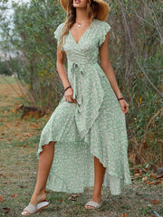 Floral Print Wrap Slit Ruffle Sleeve V-neck Swing Maxi Dress