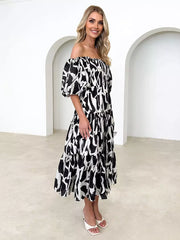 Casual Floral Print Short Puff Sleeve Shirred Midi Dress