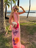 Elegant Lace-Up Tassel Halter Folds Patchwork Flower Print Maxi Dress