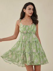 Leaves Print Knotted Strap Shirred Chiffon Mini Dress