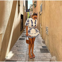 Floral Print Ruffles Mock Neck Puff Half Sleeve Single Breasted Mini Dress