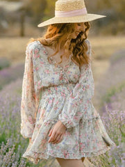 Ruffle V Neck Long Sleeve Floral Mini Dress