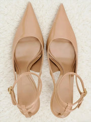 Nude Patent Leather Ankle Strap Buckle Pumps Pointed Toe Stiletto Heel