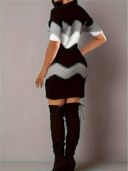 Casual Large-Color Block Striped Print Long-Sleeved Crew Neck Dress