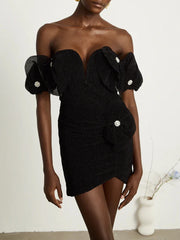 Elegant Slash Neck Shoulder Cuff Solid Spliced Diamonds Slimming Mini Dress