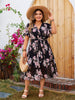 Boho Floral Print A-line Surplice Neck Butterfly Sleeve Belted Plus Size Midi Dress